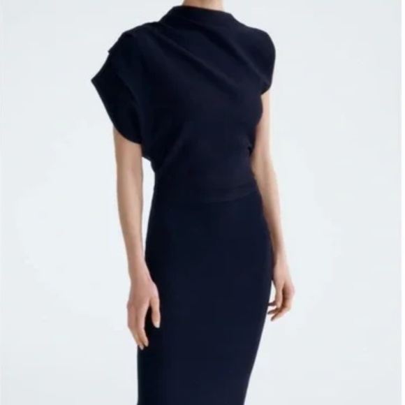 Long Elegant Navy Knit Assymetrical Column Dress. Size S - Picture 1 of 11